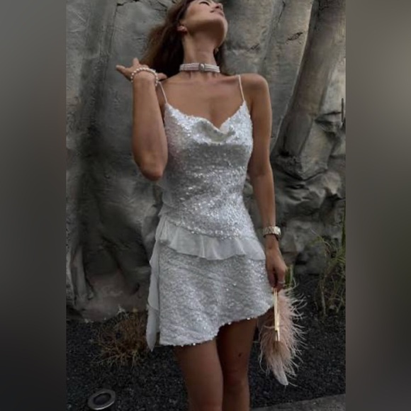 Zara Sequin Ruffle Solid Oyster White Mini Dress 8306/732 Sparkle Size XS - Picture 2 of 13